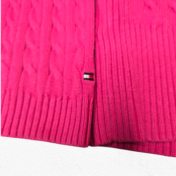 Y2K Tommy Hilfiger Hot Pink V Neck Heavy Cable Knit Pullover Sweater Size Large - Picture 6 of 9